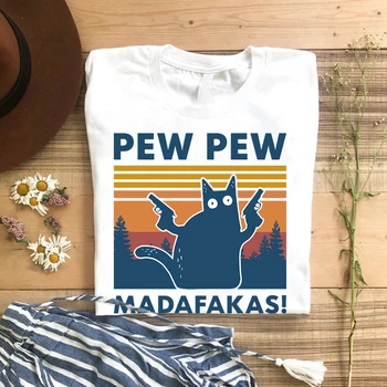  100 Medvilnės Katė marškinėliai Pew Pew Madafakas vyriški T-shirt, Derliaus Funny Cat unisex drabužiai kawaii gyvūnų palaidinės ponios viršūnes 3xl