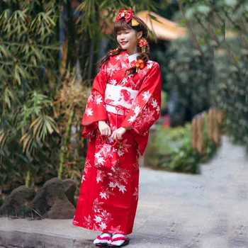  2022 Tradicinis Japonų Raudonos Klevų Spausdinti Kimono su Obi Moterų Vonia, Chalatas, Yukata Moterų Derliaus Cosplay Kostiumų vakarinę Suknelę