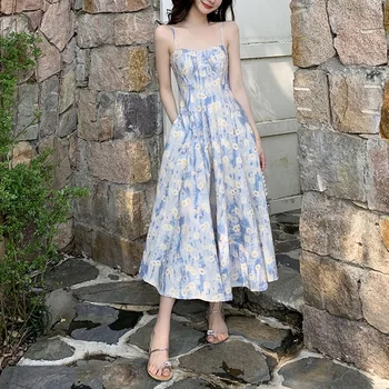  2023 Lady Gėlių Suspender Suknelė Prancūzijos Mėlyna Aliejaus Tapybai Ilgas Sijonas Paplūdimio Sijonas Xia Xianqi Aukštos Prasme