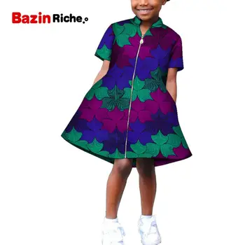  Afrikos Drabužiai, Spausdinimo Vaikų Mergaičių Suknelės su Užtrauktuku Ankara Stilių Gimtadienio Komplektus WYT615