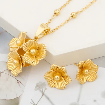 Aukso spalvos Papuošalų Rinkinys Moterims Bohemijos Gėlių Dizaino Auskarai ir Karoliai Afrikos Dubajus Papuošalų Šalies Karoliukai Grandinės Karoliai