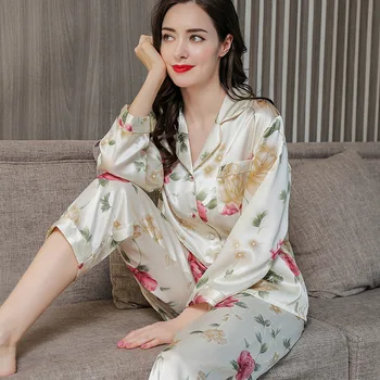  Birdsky, Rudenį 1SET Moterų pižama pižamos pj rinkiniai ilgomis rankovėmis miegamasis sleepwear nustatyti 100% mulberry šilko satino spausdinti spalvų, S-260