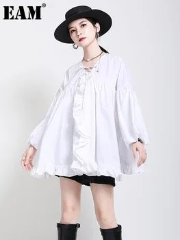  [EAM] Moterys, balta Raukiniai didelio Dydžio Tvarstis Mini Suknelė Nauja V-Kaklo, ilgomis Rankovėmis Palaidi Tinka Mados Banga Pavasario Rudens 2023 1DD5195
