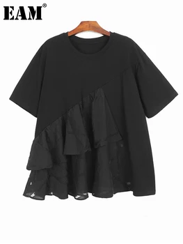  [EAM] Moterys, Juoda Raukiniai, Nėriniai Didelis Dydis Atsitiktinis marškinėliai Naujas Apvalios Kaklo trumpomis Rankovėmis Mados Banga Pavasario Vasaros 2023 1DF6024