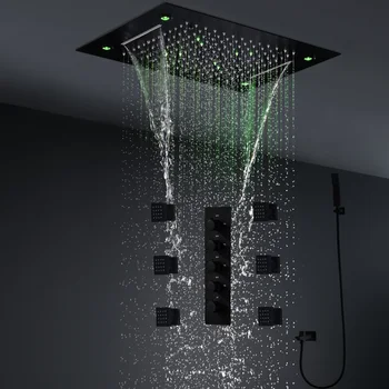  hm 2023 Aukštos Kokybės Juoda Ceilling LED Dušo Nustatyti Kritulių Krioklys Showerhead Sistemos Termostatiniai Maišytuvai Nukreipimo Šoninės Jet