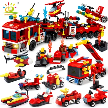  HUIQIBAO ugniagesių Sunkvežimių modelių Kūrimo Blokai Miesto Susišaudymas Komanda Lėktuvas Sraigtasparnis Automobilių Valtis Plytų Rinkinys, Žaislai Vaikams