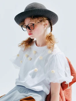  IMAKOKONI Originalaus Dizaino Balti trumpomis Rankovėmis Megztinis marškinėliai Grynos Medvilnės Tinklelio Sudurti 3D Dekoratyvines Viršuje Moterų 234048