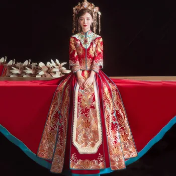  Išskirtinį Phoenix Siuvinėjimo Kinijos Tradicinės Cheongsam Pora Vestuvių Kostiumą Elegantiškas Bride Tuoktis Suknelė китайская одежда