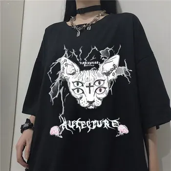  Juodos spalvos Marškinėlius Apkarpyta Vasara moteriški marškinėliai Gothic Punk Katė Spausdinti Viršūnes Trumpas Rankovės Prarasti Harajuku Atsitiktinis Marškinėliai Y2k Drabužiai