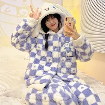  Kawaii Sanrios Pajama Komplektai Žiemą Šiltas Ponios Sleepwear Animacinių Filmų Anime Atsitiktinis Homewear Nustatyti Ilgomis Rankovėmis Kelnės