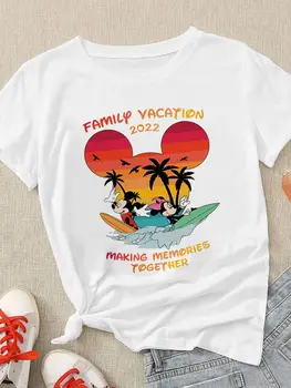  Marškinėliai Disney Moterys Vasarą Populiarus Šeimos Atostogų 2022 Minnie Peliukas Lauko Laisvalaikio Animacinių Filmų Print T-Shirt O Kaklo Madinga Cool