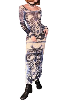  Moterims Gėlių Spausdinti Akių ilgomis Rankovėmis Bodycon Suknelė Patenka Paplūdimio Kokteilių Klubas Streetwear
