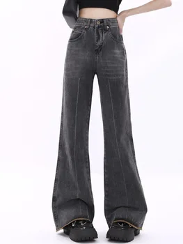  Moterų High Waisted Džinsai Platus Išlyginimo Kojų Džinsinio audinio Kelnės Y2K Baggy Sudegintasis Apsiuvas Bell Bottom Kelnės Streetwear