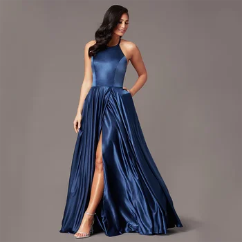  MĖLYNA Atvira nugara Apynasrio Prom Dresses-line Valymo Traukinio Puoštas Satino Suknelė Nėrinių Diržas Pusėje Ritininės Vakare Gown Moterų 2023
