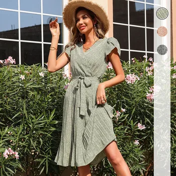  Nauja Vasaros Atspausdintas Žalios spalvos Klostuotas V-Kaklo Suknelė streetwear vasaros suknelė