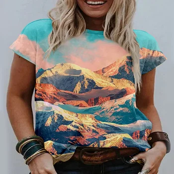  Nauji moteriški marškinėliai Topai Mados Paprasta Kraštovaizdžio Stiliaus trumparankoviai Lauko Streetwear Moterų Audinio O-kaklo Viršūnes