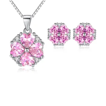  Originali 925 Silver Pink Heart Crystal Cirkonis Gėlių Žavesio Papuošalų Rinkiniai Aukštos Kokybės Madinga Dalyvavimas Vestuvių Priedai