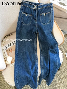  Populiarus Grandinės Apdailos Prarasti Baggy Jeans Moterų Aukšto Juosmens Atsitiktinis Medvilnės Ruožas Džinsinio audinio Kelnės 2023 M. Pavasarį Naujas Pantalones