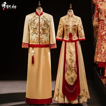  Pora Blizgančiais Duobute Cheongsam Senovės Vestuvių Suknelė Elegantiškas Ilgas Qipao Suknelės Kinijos Tradicinės Taurę Drabužiai