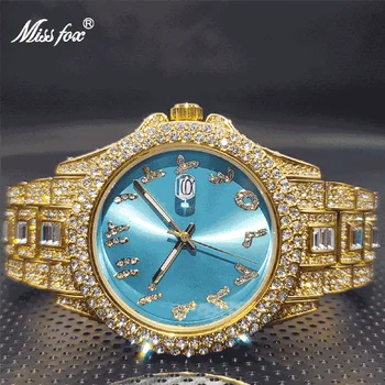  Pora Prabangių Moissanite Laikrodžiai Vyrams Naujas Unikalus Ice Blue Styless Arabų Numeris Waterpoof Kvarciniai Laikrodžiai Moterims, Vyriška Nauja