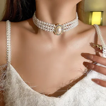  Prancūzijos Elegantiška Vintage Choker Perlų Vėrinį Moterų korėjos Mados Kpop Daugiasluoksnės Clavicle Kaklo Grandinės Dovana Draugei