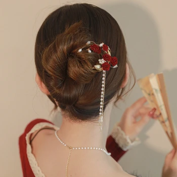  Raudona Rožė Kutas Staigius U-formos Vaikų Senovės Kinų Stiliaus Kietas Vestuvių Skrudinta duona Suknelė Hairwear Plaukų Aksesuarai Moterims