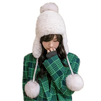  Real Rex Triušio Kailio kepurė su Earflap Baltą Žiemą Šilta Kepurės su natūralios Lapės Kailio Pompom