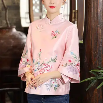 Rudenį Etninės Stiliaus Tang Kostiumas Kailis Derliaus Harajuku Siuvinėjimo Kinijos Viršūnių Moterų 2023 Nauja Palaidinė Eleganti Prarasti Moterų Marškinėliai