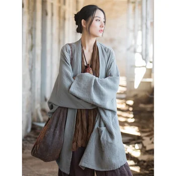  Rudenį naujų moterų Harajuku top elegantiškas moterų retro drabužių medvilnės, kanapių Zen klajojo kailio, kad senas atsitiktinis palaidų kailis