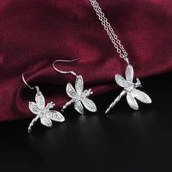  Specialus pasiūlymas mados Šalis vestuvių Papuošalų rinkinys 925 sterling silver Crystal dragonfly pakabukas karoliai, auskarai Moterims