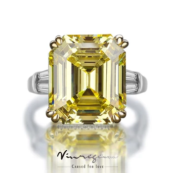  Vinregem 925 Sterlingas Sidabro Asscher Cut 30CT Yellow Diamond Rožinė Safyro Imituojamas Moissanite Žiedas Prabangūs Papuošalai Dropshipping