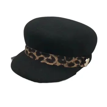  Vintage Stiliaus Juodas Leopardas Juosta Žiemos Beretė Bžūp 100% Vilnos Veltinio Kepurę Newsboy Bžūp Moterų Šiltas Skydelis Skrybėlę Bžūp Ponios Bžūp