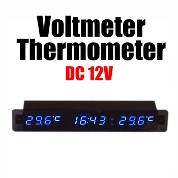  Voltmeter + Termometras+ laikrodis DC12v Automobilį auto Skaitmeninis LED Įtampos metu temp vidaus/Lauko Temperatūros Matuoklis