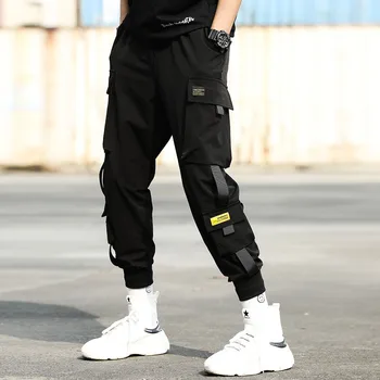  Vyrų Pusėje Kišenės Krovinių Haremo Kelnės Juodos Juostelės Hip-Hop Atsitiktinis Vyras Poilsiu Kelnės Mados Atsitiktinis Streetwear Kelnės